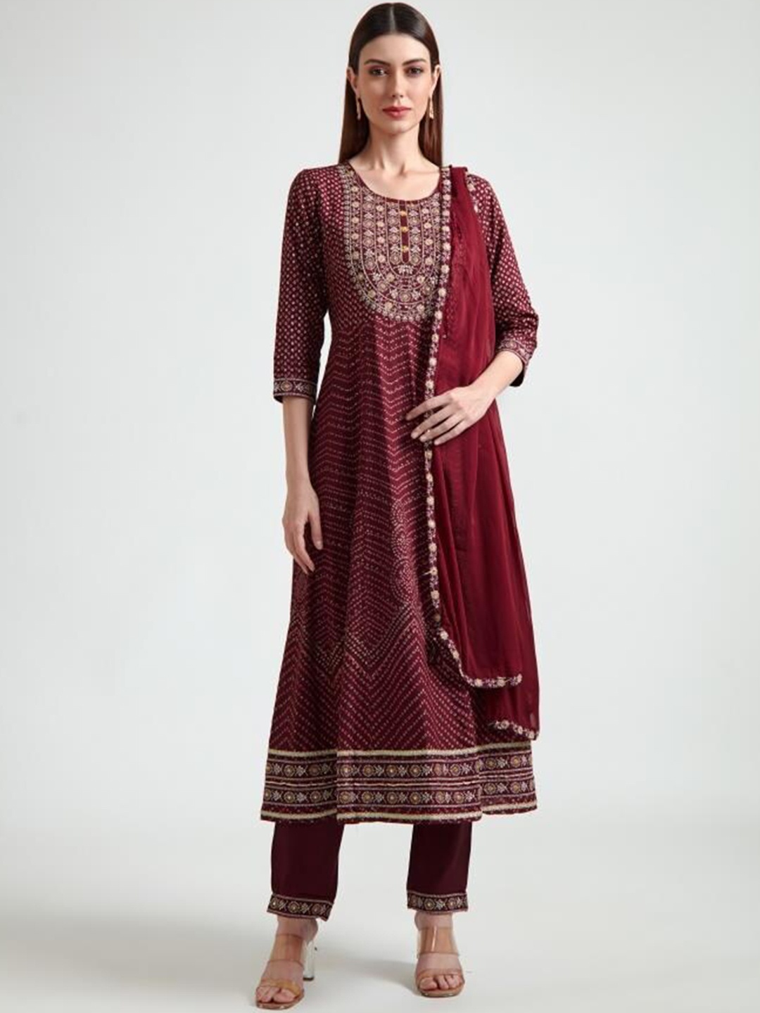 

Neerus Women Maroon Bandhani Printed Layered Silk Georgette Kurta with Trousers & With Dupatta
