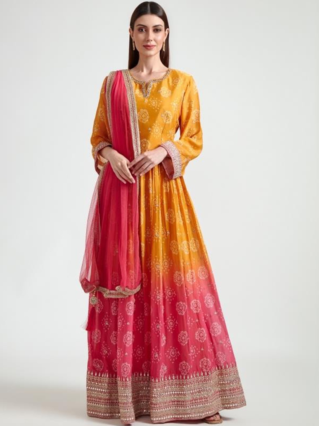 

Neerus Women Mustard Yellow & Red Ethnic Motifs Chanderi Silk Anarkali Kurta