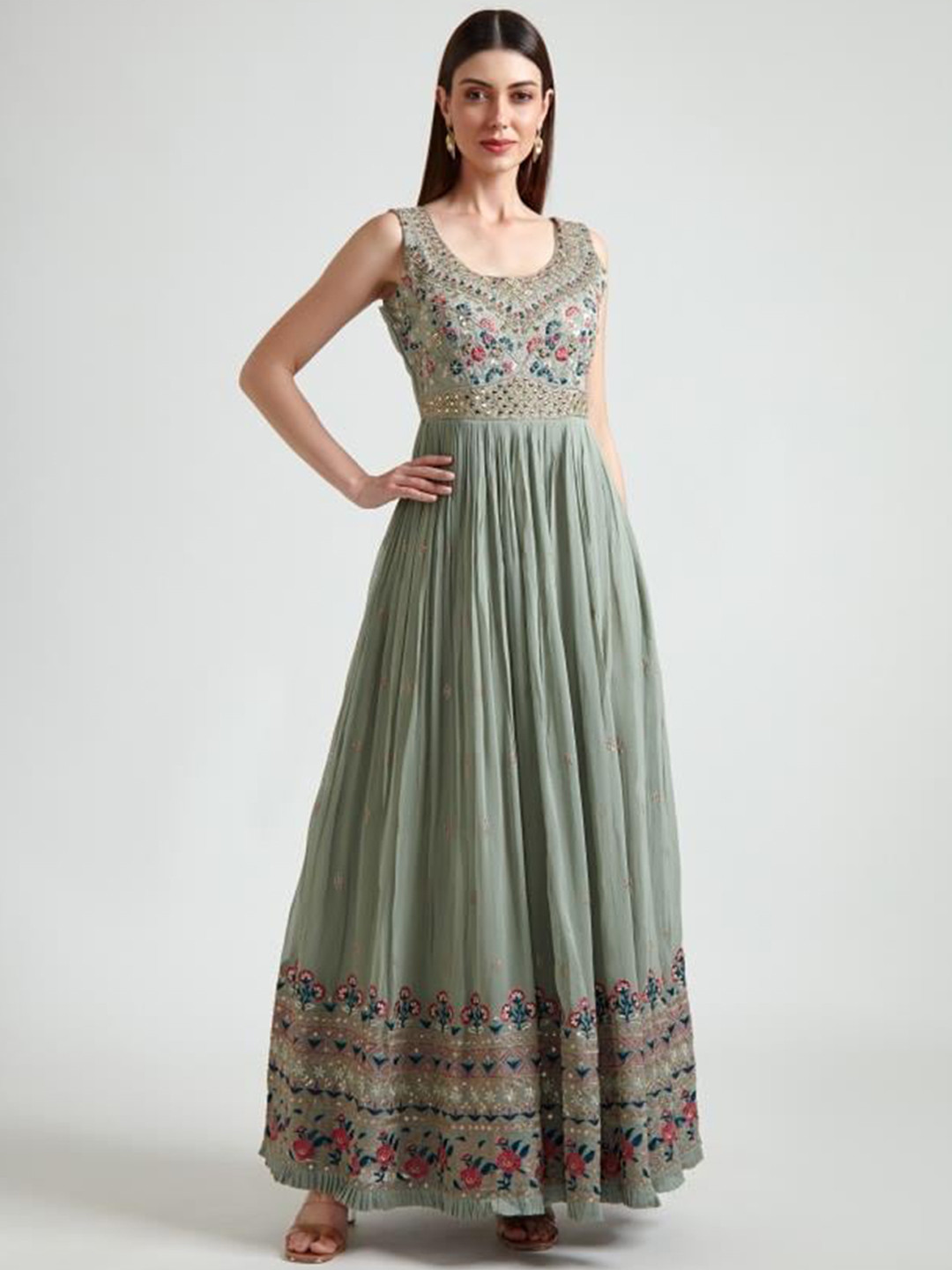 

Neerus Women Green & Peach-Coloured Floral Embellished Anarkali Kurta