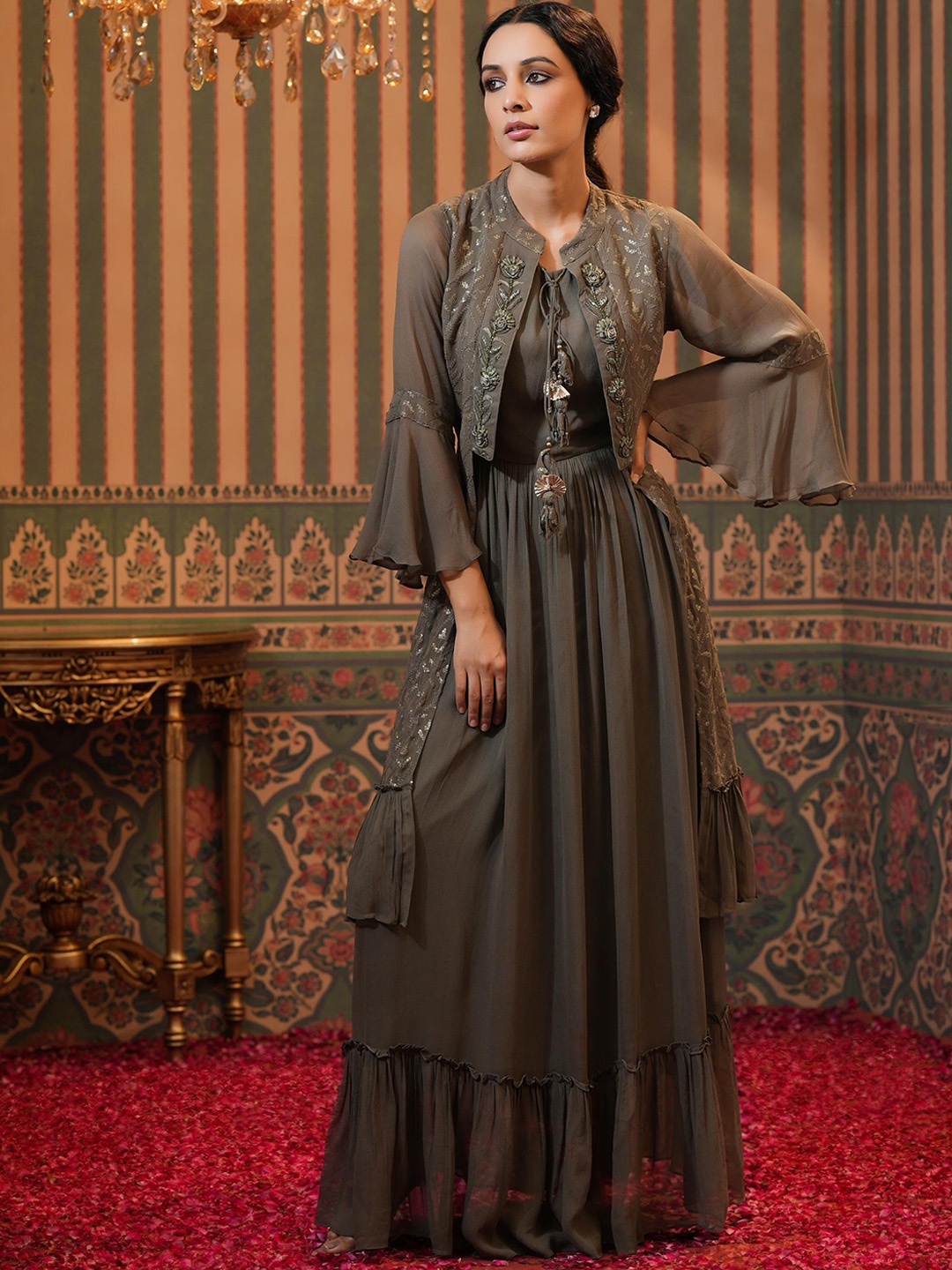 

SCAKHI Women Green Embroidered Layered Anarkali Ethnic Dress