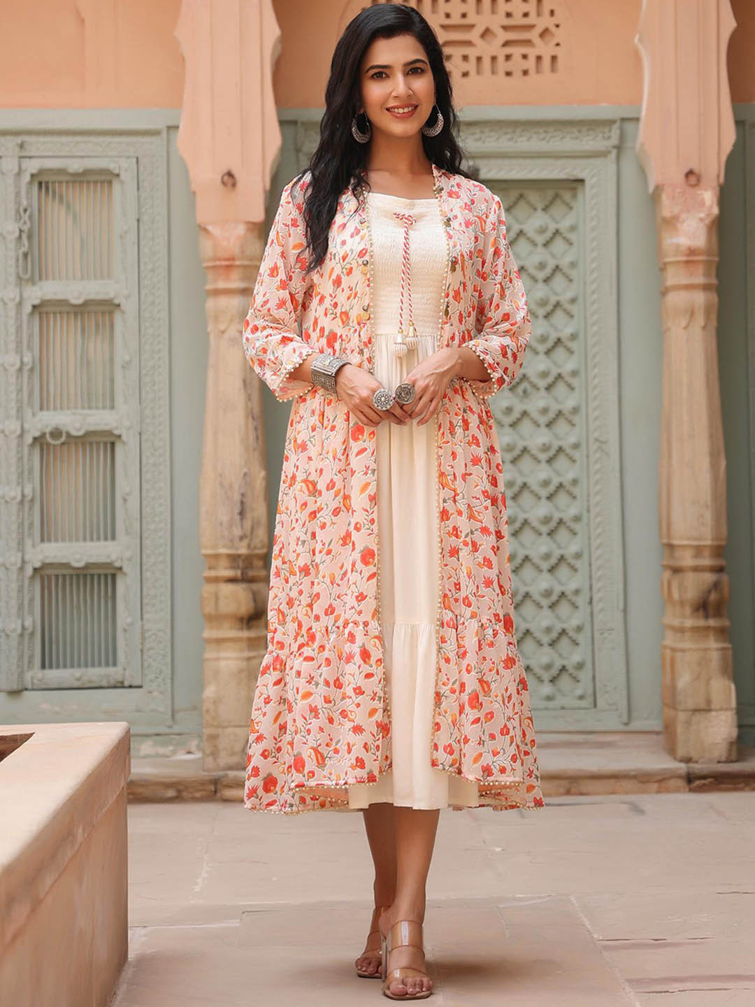 

SCAKHI Women Peach & Cream Colored Floral Smocking Ethnic Dresses With Shrug
