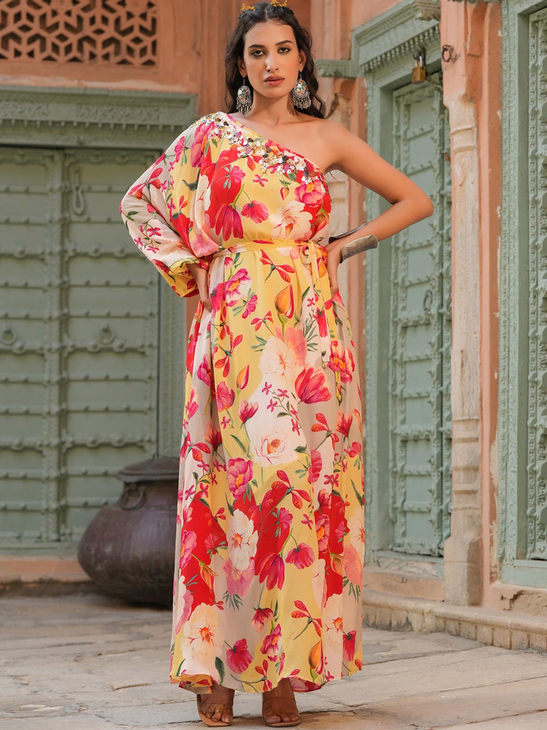 

SCAKHI Women Yellow & Pink Printed Maxi Long Ethnic Dress