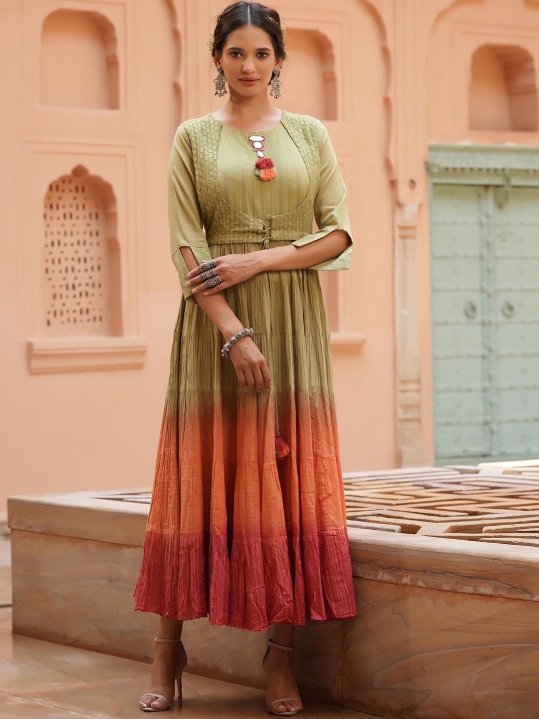 

SCAKHI Women Green & Orange Tie & Dye Anarkali Ethnic Dress