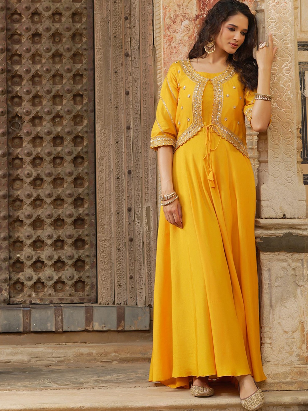 

SCAKHI Women Yellow Embellished Pleated Ethnic Dress