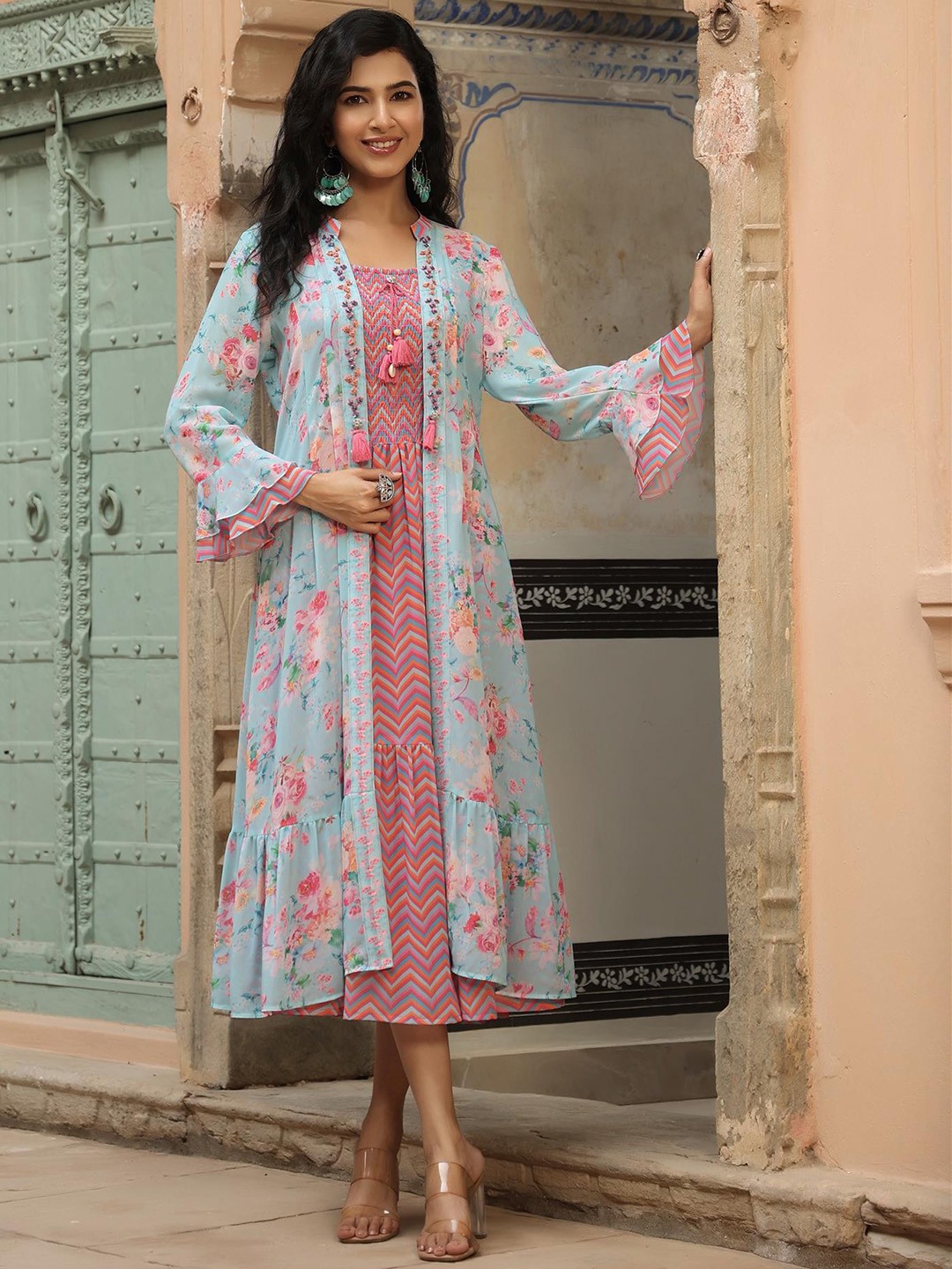 

SCAKHI Women Pink Smocking Maxi-Length Ethnic Dresses With Blue Shrug