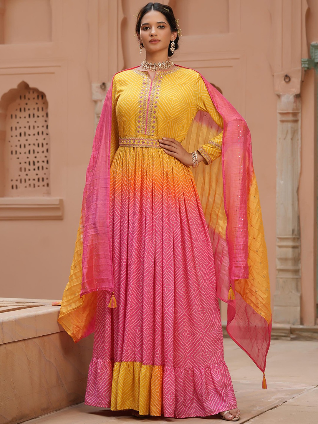 

SCAKHI Yellow & Pink Silk Bandhani Printed Anarkali Dress With Belt And Dupatta