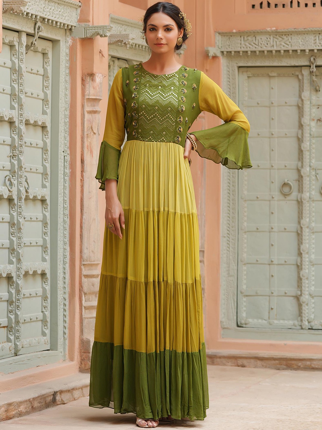 

SCAKHI Women Green Embellished Tiered Anarkali Ethnic Dress