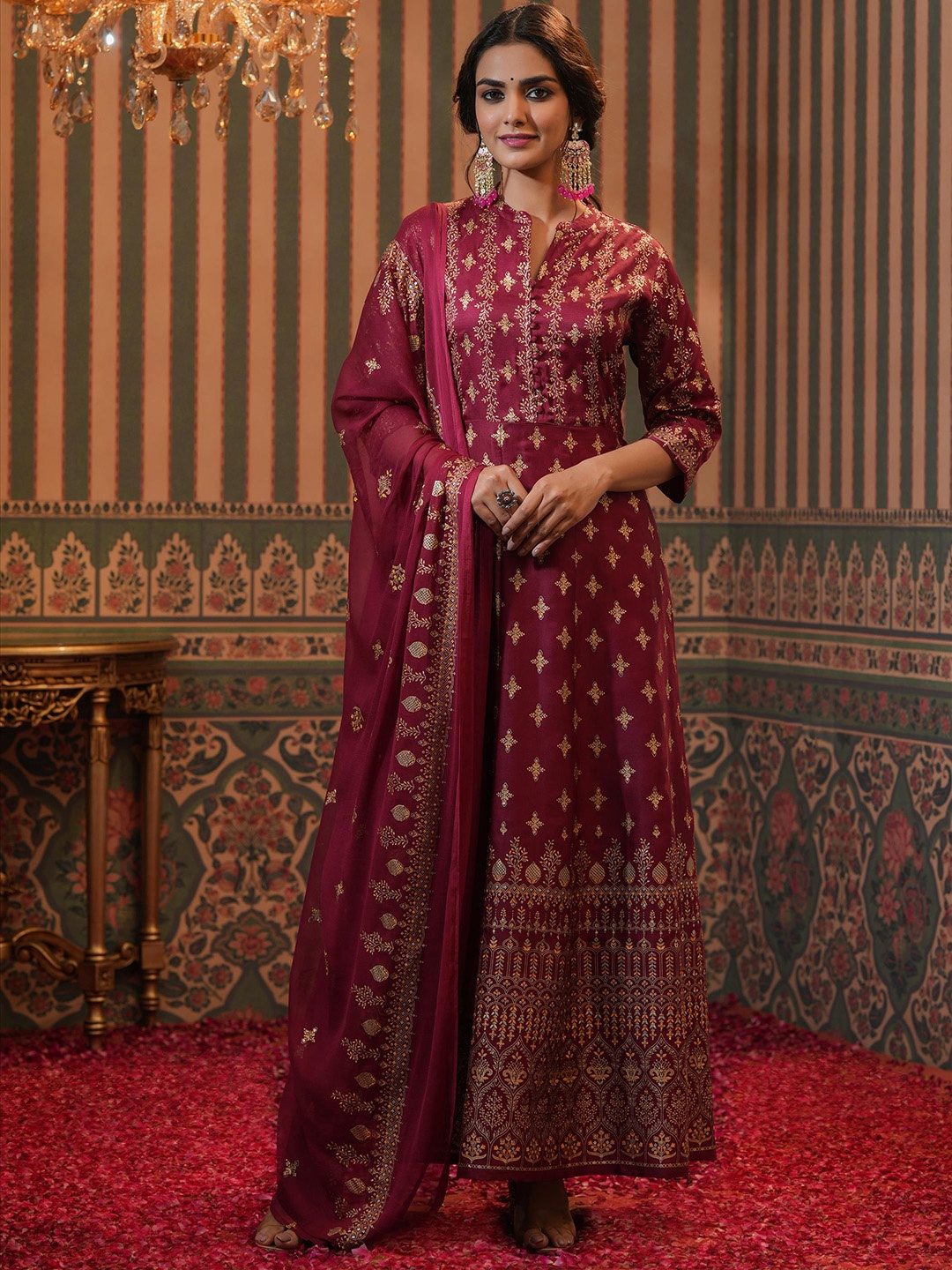 

SCAKHI Women Silk Foil Print Anarkali Ethnic Dress With Dupatta, Maroon