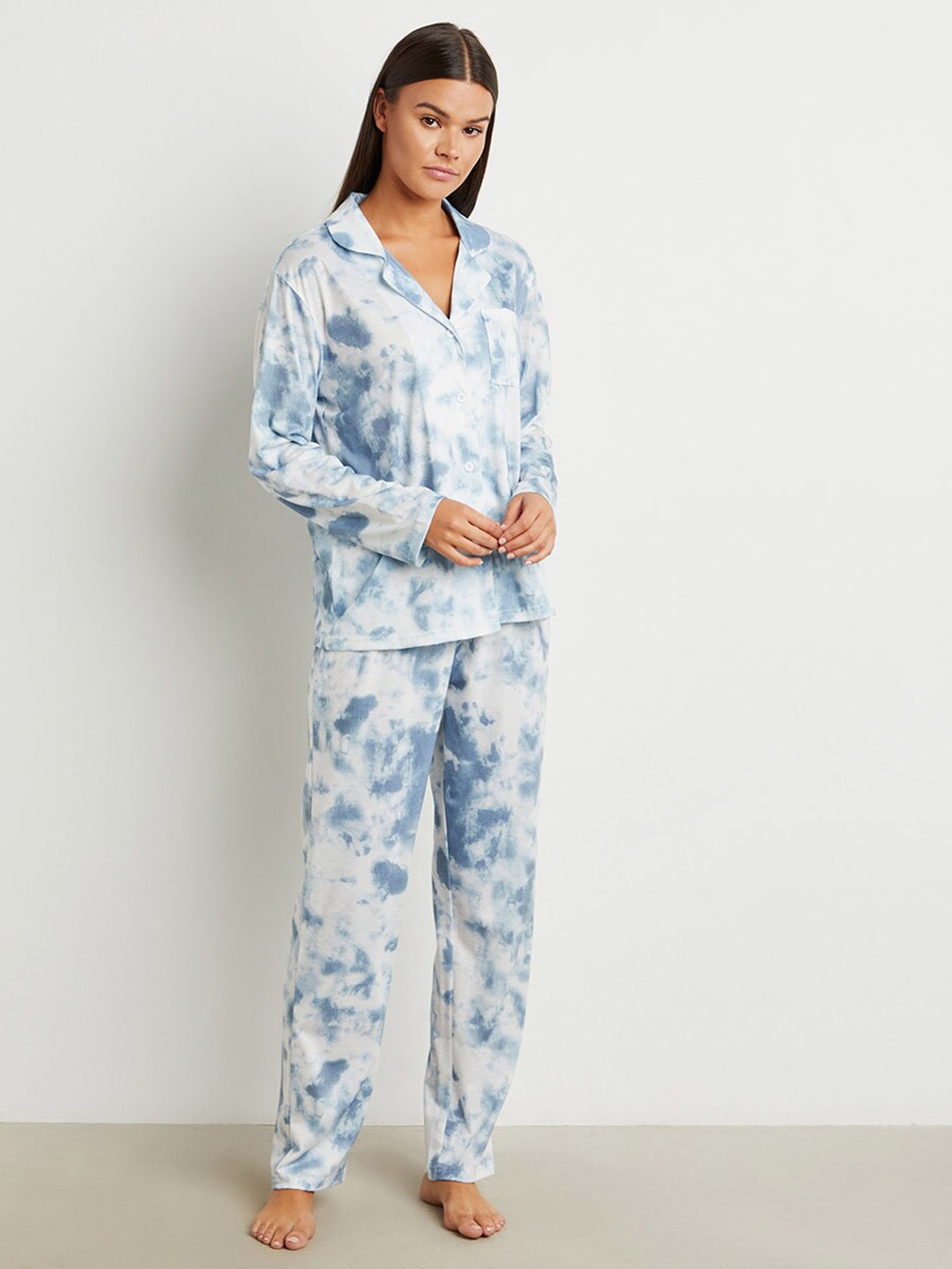 

Styli Women Blue & White Tie & Dye Long Sleeves Button Through Shirt & Pajama Set