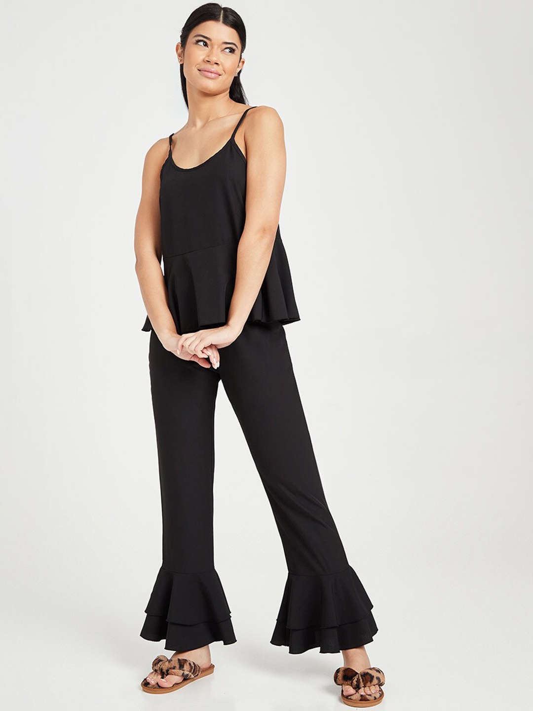 

Styli Women Black Ruffle Hem Cami and Pyjama Set