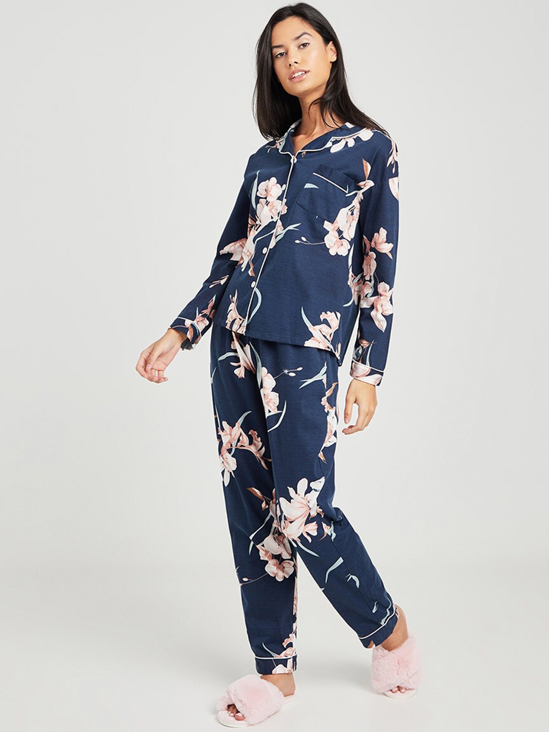 

Styli Women Navy Blue Printed Floral Print Button Through Shirt and Pyjama Set