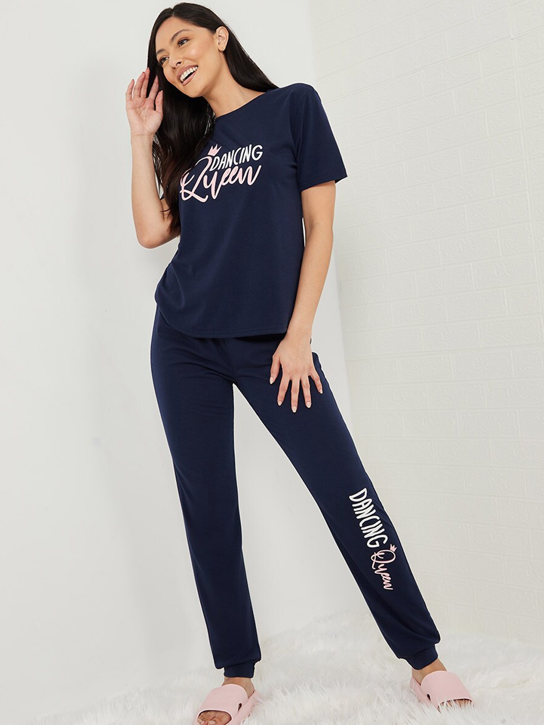 

Styli Women Navy Blue Dancing Queen Placement Print T-shirt and Cuffed Pyjama Set