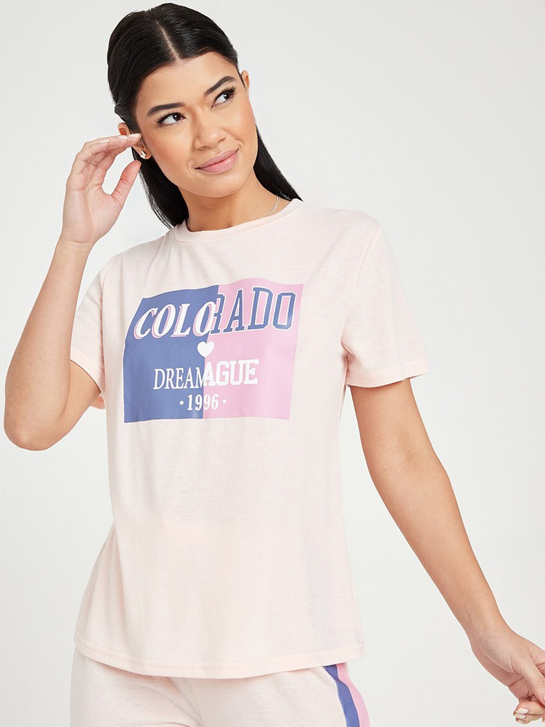 

Styli Women Pink & Blue Spliced Graphic Print T-shirt & Side Stripe Cuffed Pajama Set