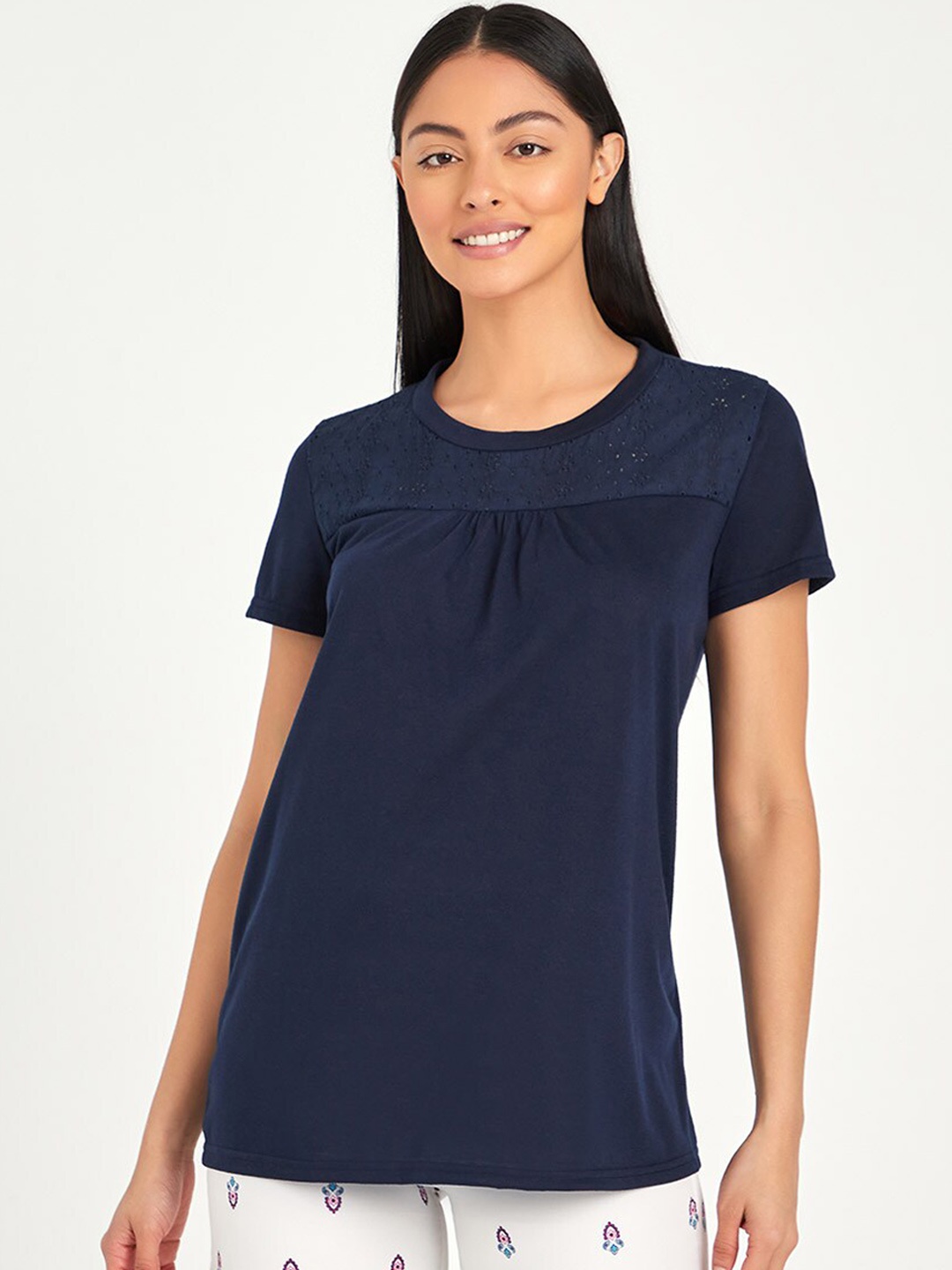 

Styli Women Navy Blue & White Embroidery Round Neck T-shirt and Damask Print Pyjama Set