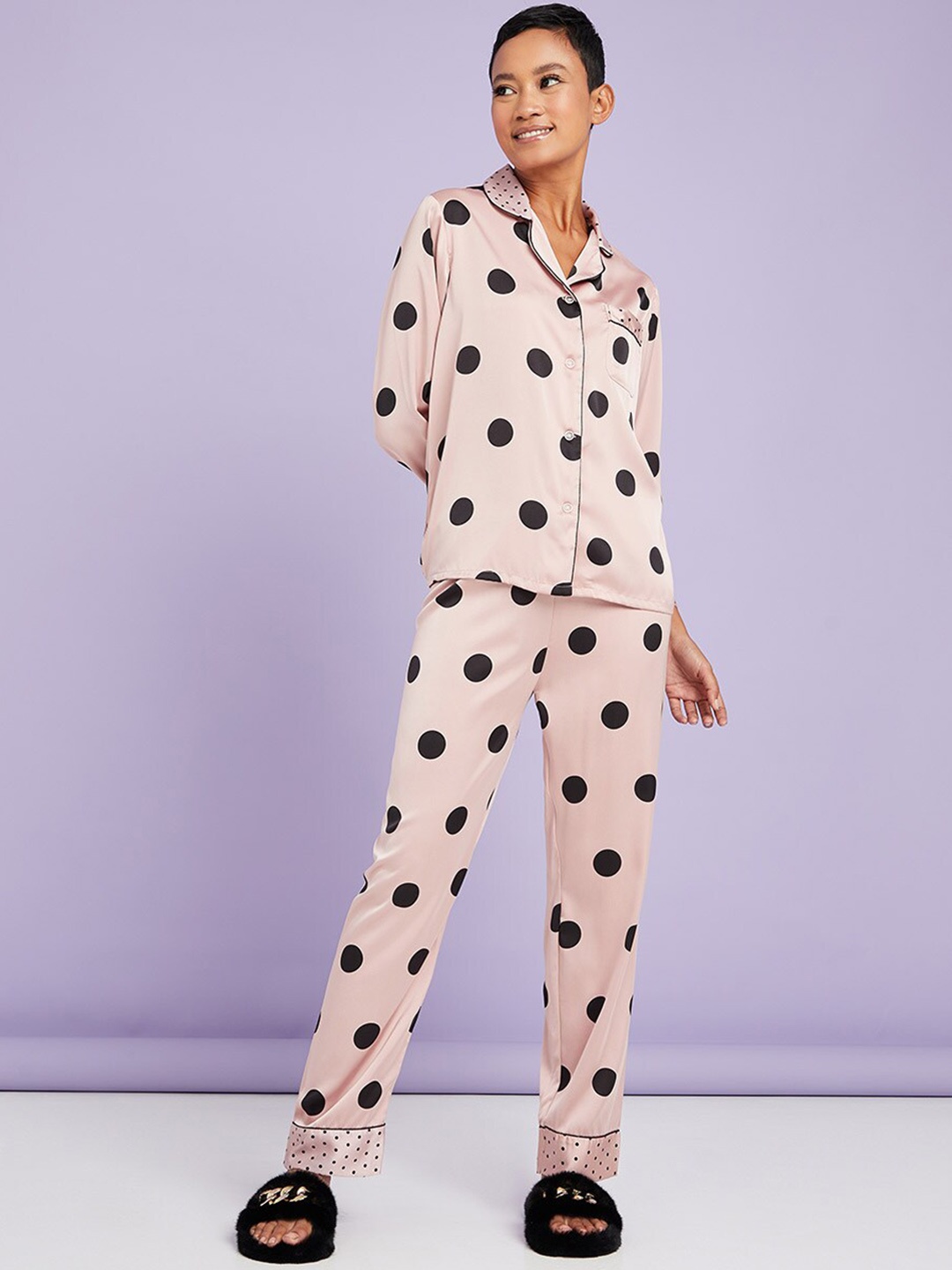 

Styli Women Pink & Black Polka Dots Print Long Sleeves Shirt & Pajama Set