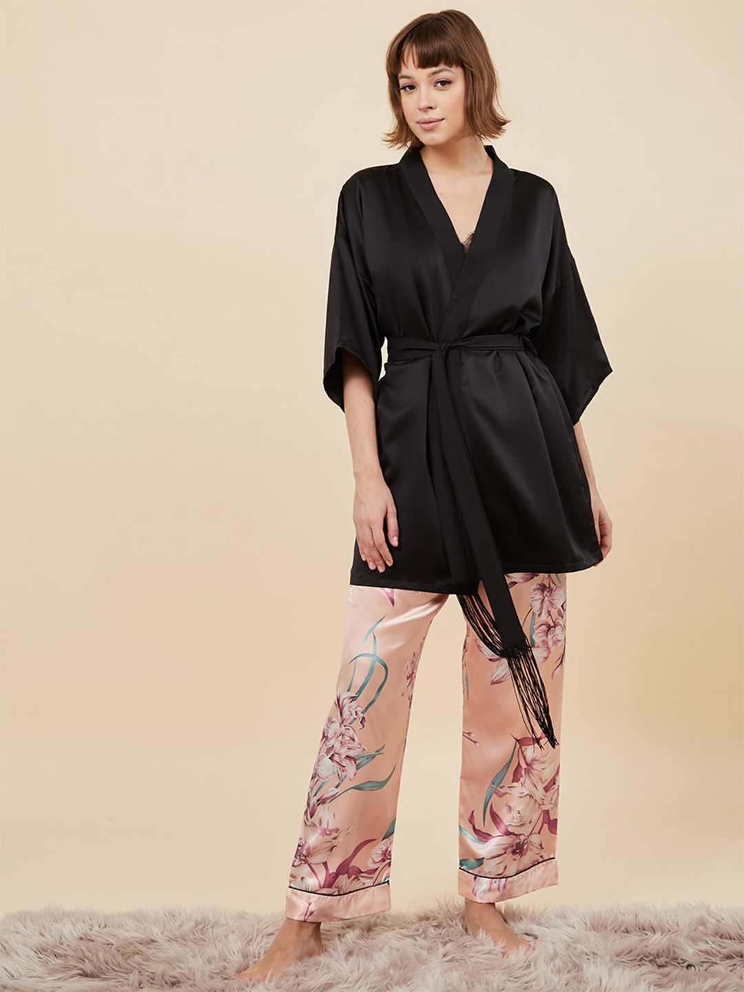 

Styli Women Pack of 3 Black Satin Lace Trim Cami and Robe with Floral Pyjama Set