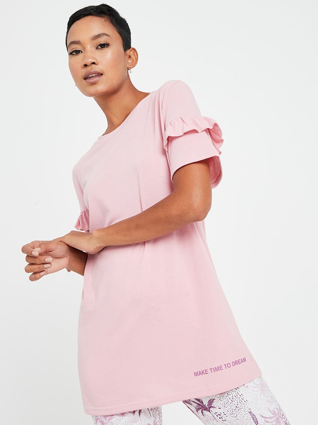 

Styli Women Pink & White Make Time To Dream Ruffle Sleeve T-shirt and Printed Leggings Set