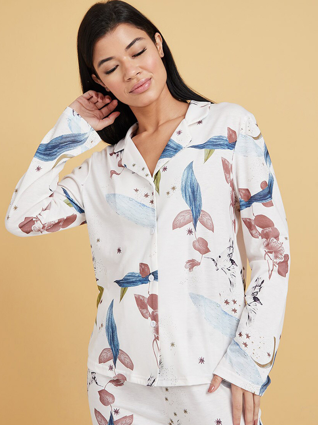 

Styli Women White & Blue Long Sleeves Floral Print Shirt & Pajama Set