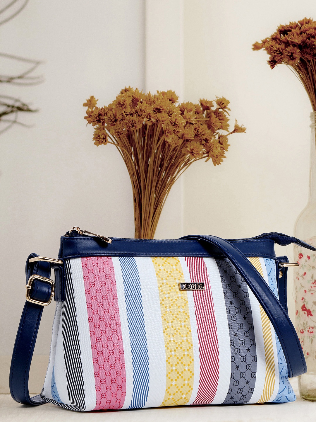 

Exotic Women Blue & White Self Design PU Bowling Sling Bag
