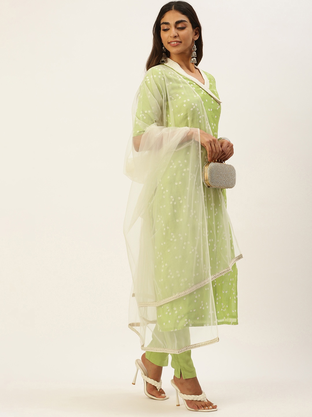 

Ethnovog Women Green Floral Embroidered Kurta with Trousers Dupatta