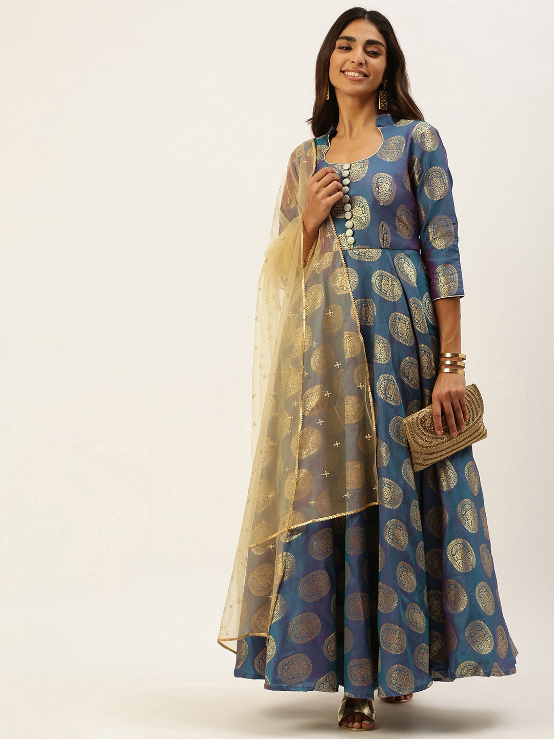

Ethnovog Woman Ready To Wear Taffeta Art Silk Anarkali Suit, Blue