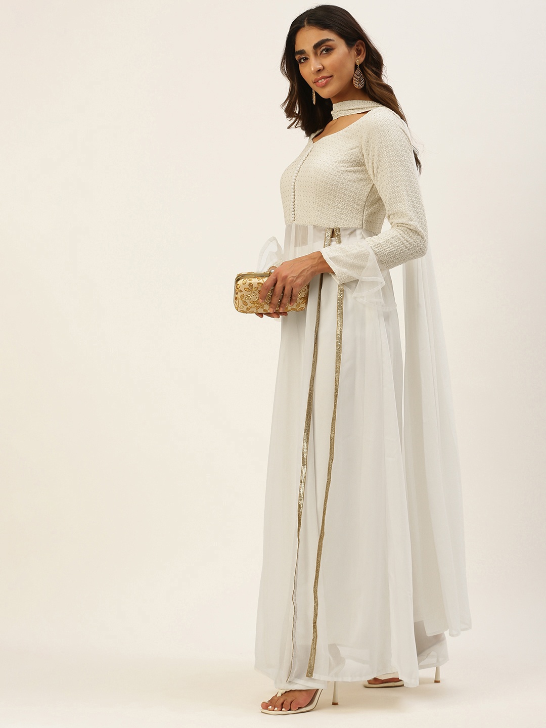 

Ethnovog Women Floral High Slit Thread Work Kurta with Trousers Dupatta, White