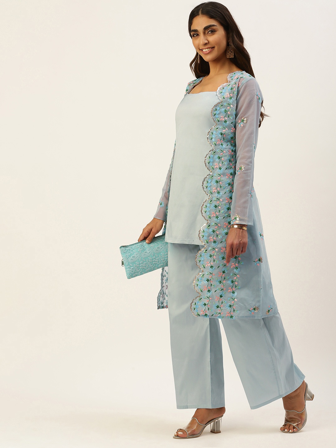 

Ethnovog Women Grey Floral Layered Thread Work Kurti with Palazzos