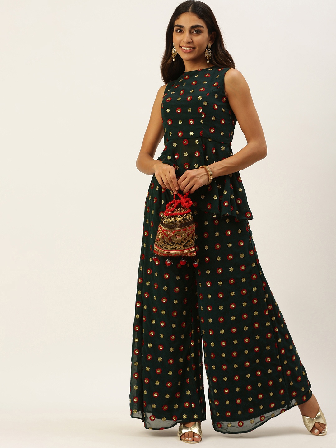 

Ethnovog Women Green Ethnic Motifs Printed Sequinned Kurti with Palazzos