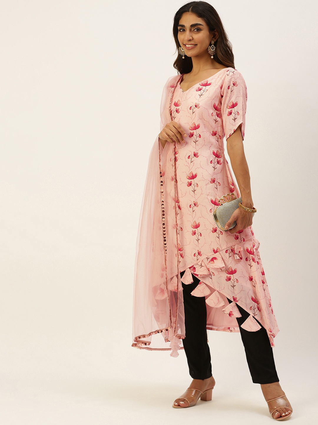 

Ethnovog Women Peach-Coloured Floral Printed Layered Kurta with Trousers With Dupatta