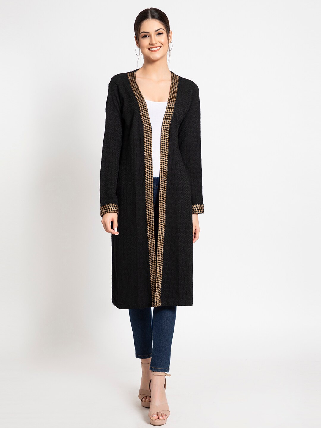 

KEIKO Women Black And Cream Coloured Woven Design Acrylic Longline Shrug