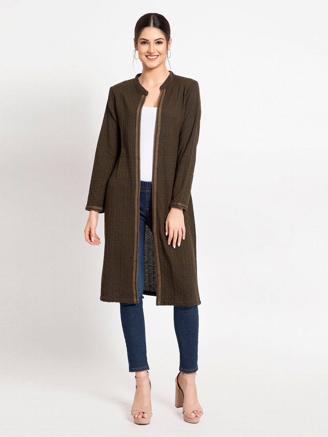 

KEIKO Women Olive Green Long Sleeves Acrylic Longline Shrug