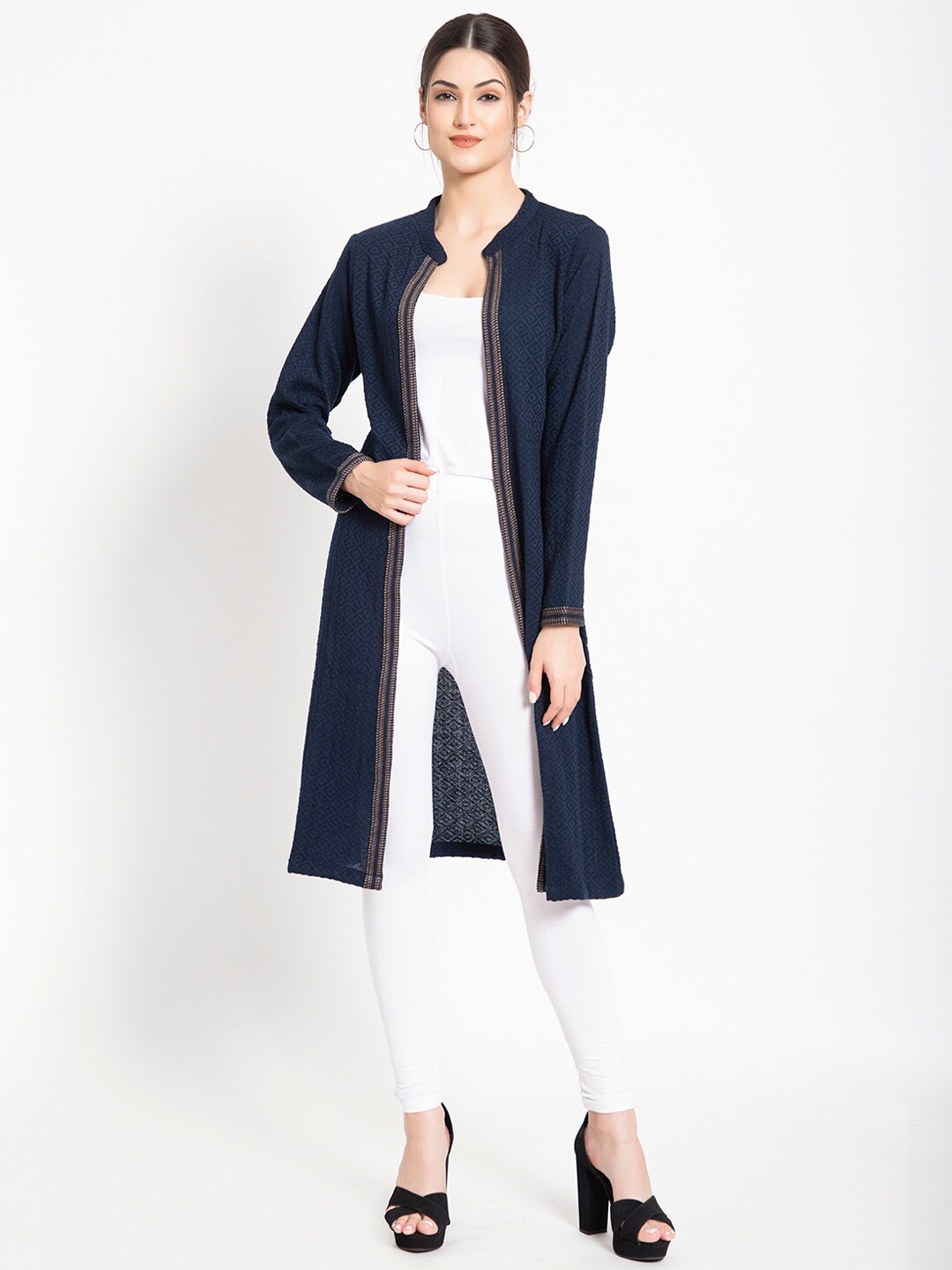 

KEIKO Women Navy Blue And Beige Woven Design Long Sleeves Acrylic Shrug