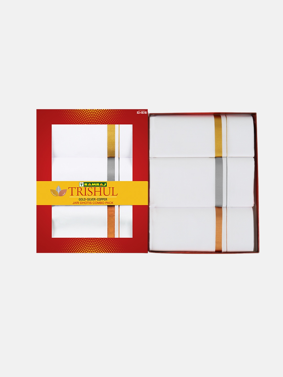 

Ramraj Trishul Men Pack of 3 Cotton White Dhoti with Gold Silver Copper Jari Borders