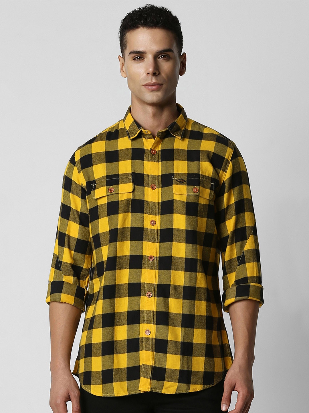 

VAN HEUSEN DENIM LABS Men Slim Fit Buffalo Checked Pure Cotton Casual Shirt, Yellow