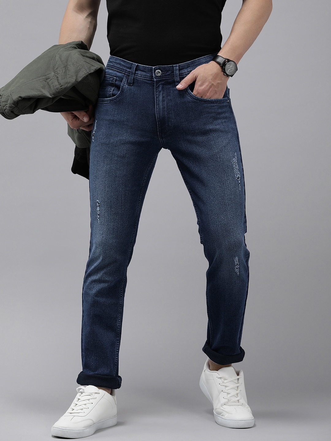 

VAN HEUSEN DENIM LABS Men Super Skinny Fit Mildly Distressed Light Fade Stretchable Jeans, Blue