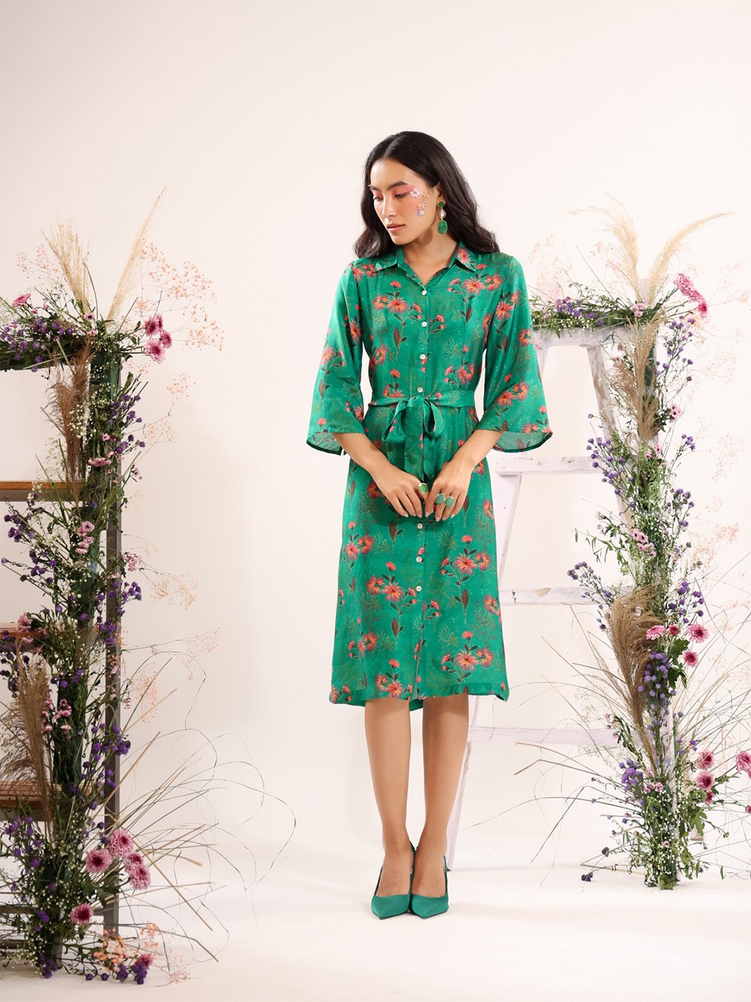 

JISORA Green Floral A-Line Midi Dress