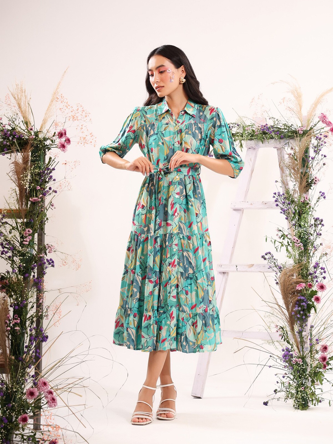 

JISORA Green Floral A-Line Midi Dress