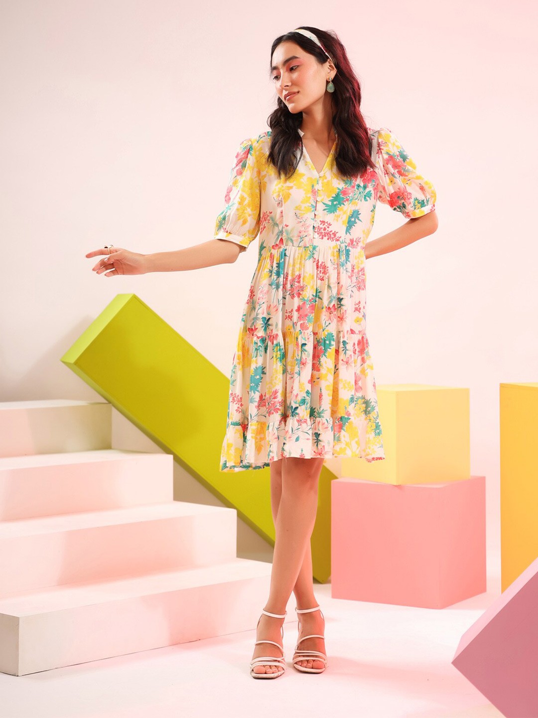 

JISORA Off White & Yellow Floral Dress