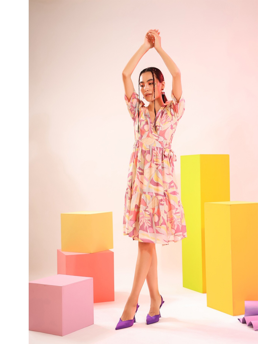 

JISORA Women Purple & Pink Floral A-Line Dress
