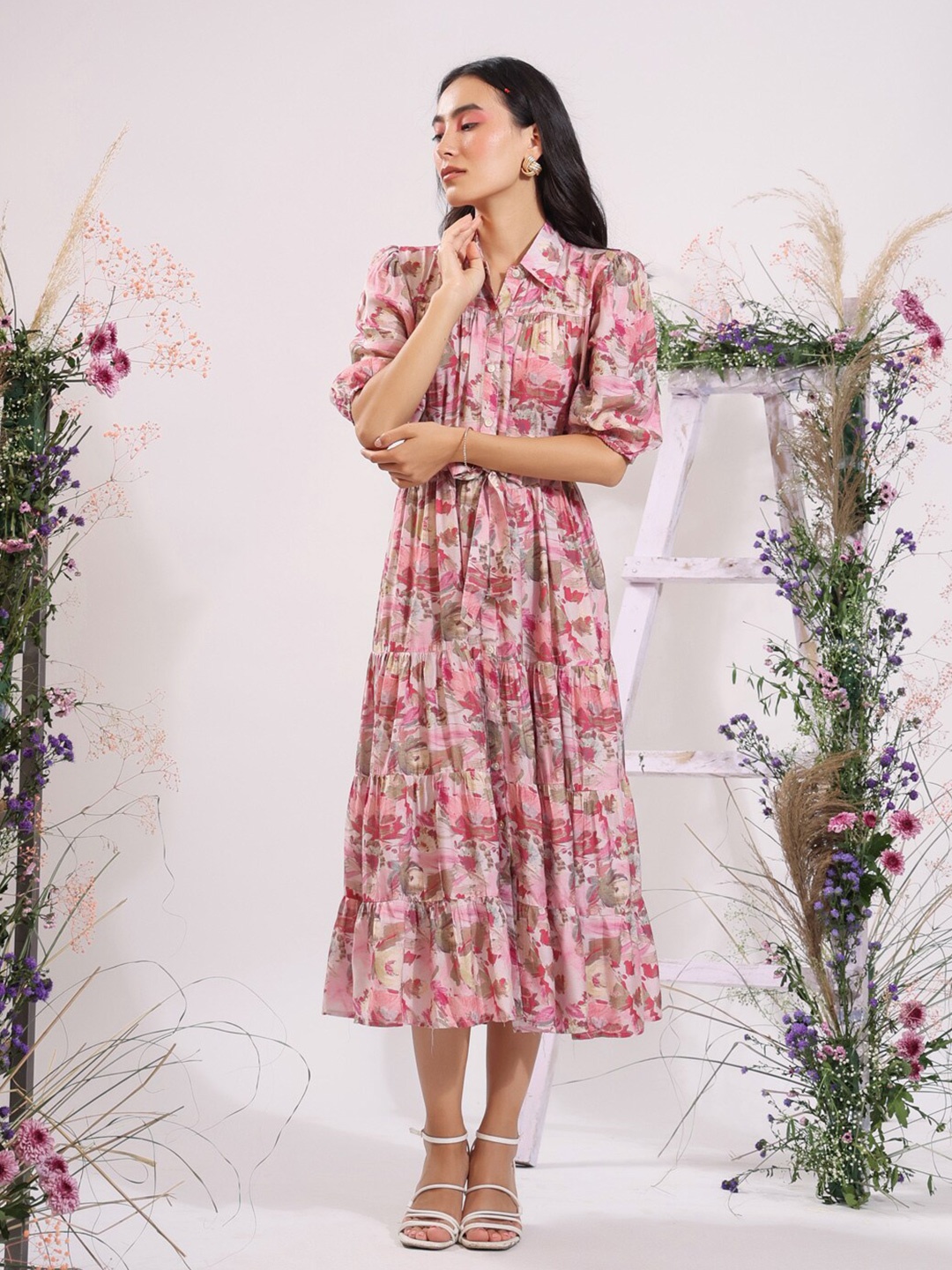 

JISORA Women Pink Floral Muslin Silk Midi Dress
