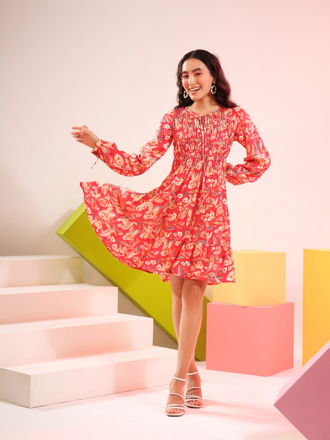

JISORA Women Pink Floral Tie-Up Neck Dress