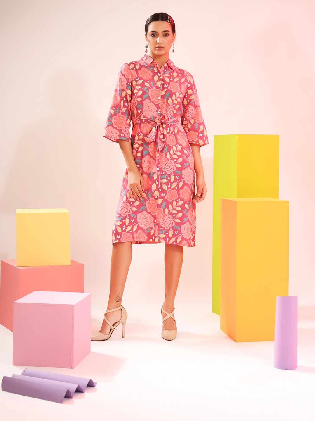 

JISORA Maroon & Pink Floral A-Line Midi Dress
