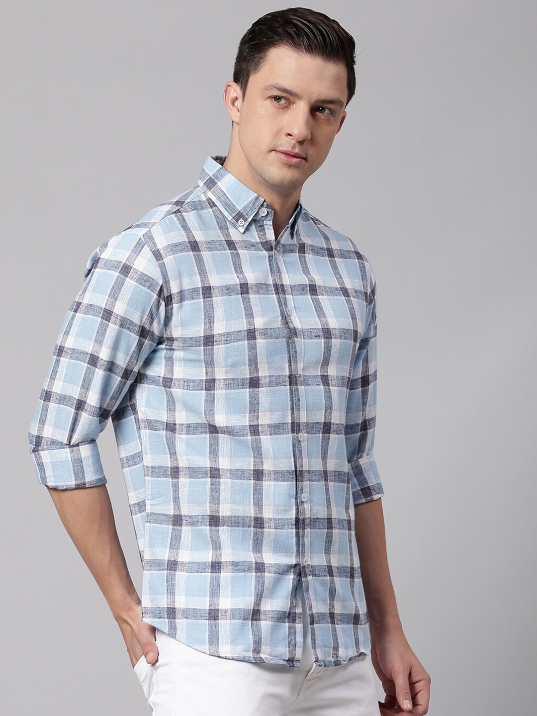 

Dennis Lingo Men Blue Slim Fit Tartan Checks Checked Casual Shirt