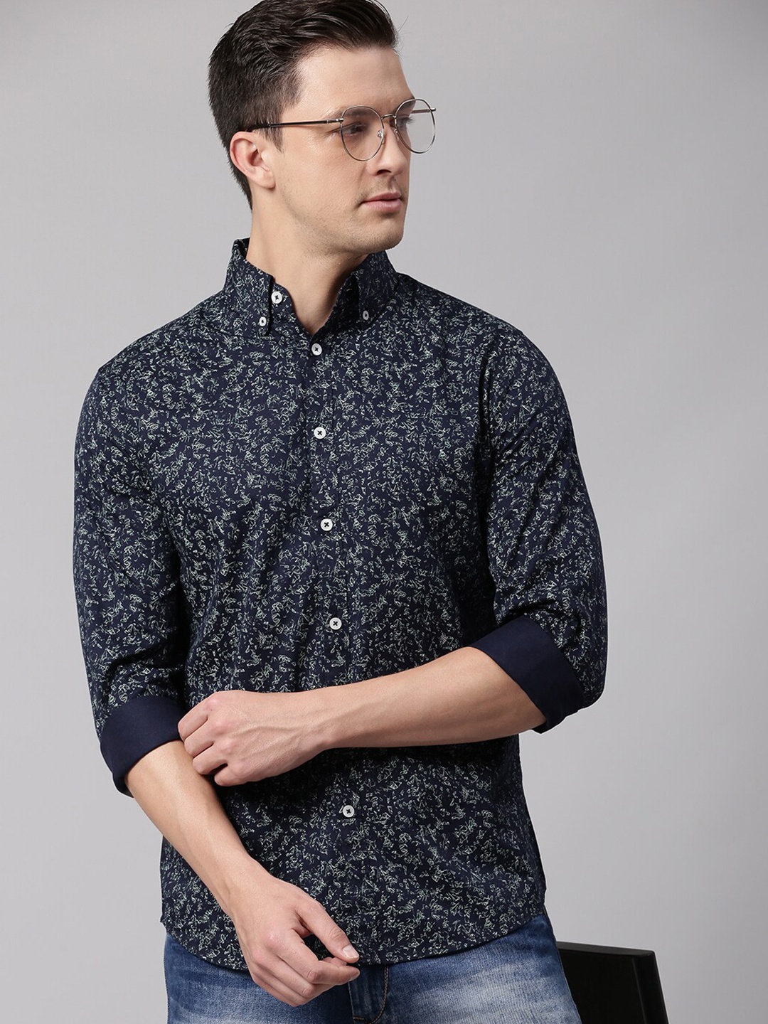 

Dennis Lingo Men Navy Blue Slim Fit Printed Casual Shirt