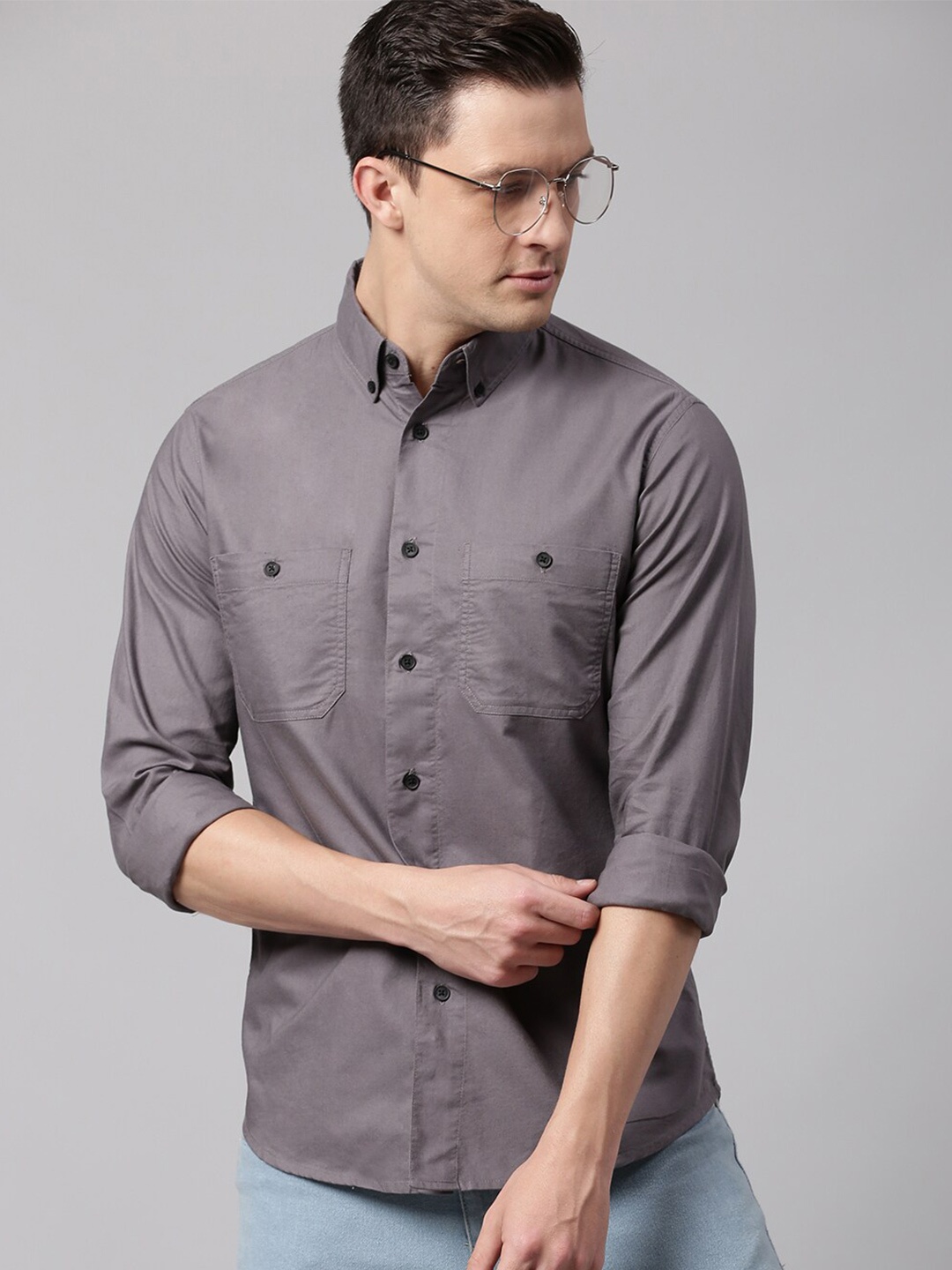 

Dennis Lingo Men Grey Button Down Collar Slim Fit Cotton Casual Shirt