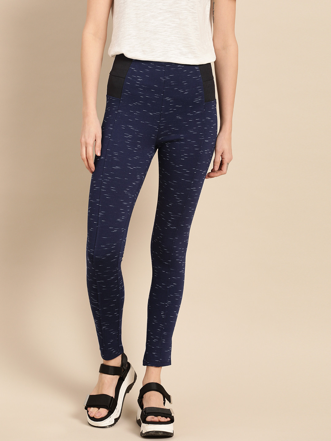 

ether Women Navy Blue Self Design Ankle-Length Leggings