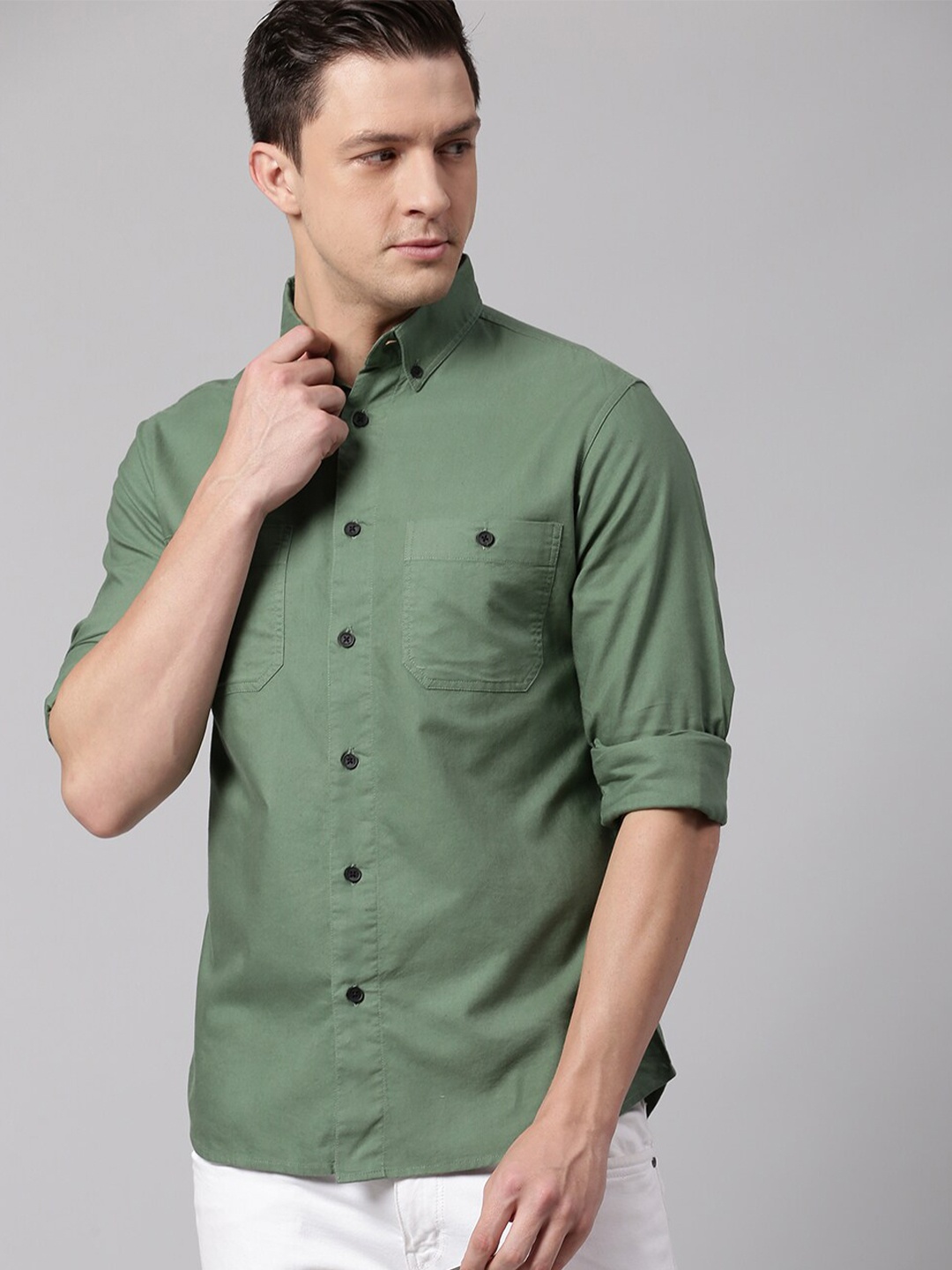 

Dennis Lingo Men Green Button Down Collar Slim Fit Cotton Casual Shirt