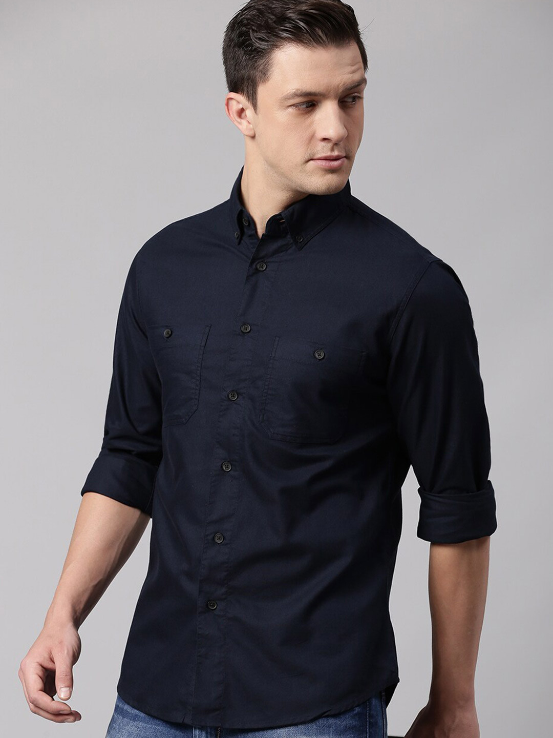

Dennis Lingo Men Navy Blue Button Down Collar Slim Fit Cotton Casual Shirt