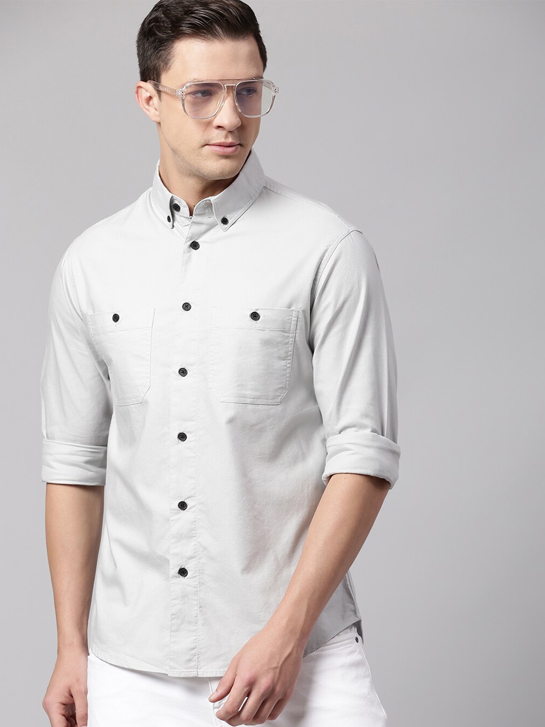 

Dennis Lingo Men Grey Slim Fit Casual Cotton Shirt