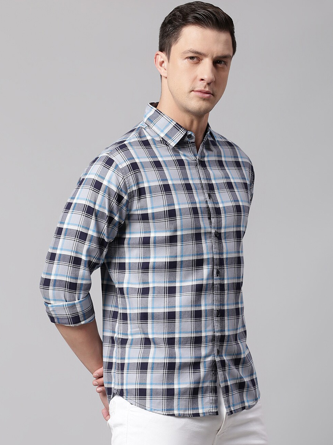 

Dennis Lingo Men Grey Slim Fit Gingham Checked Casual Shirt
